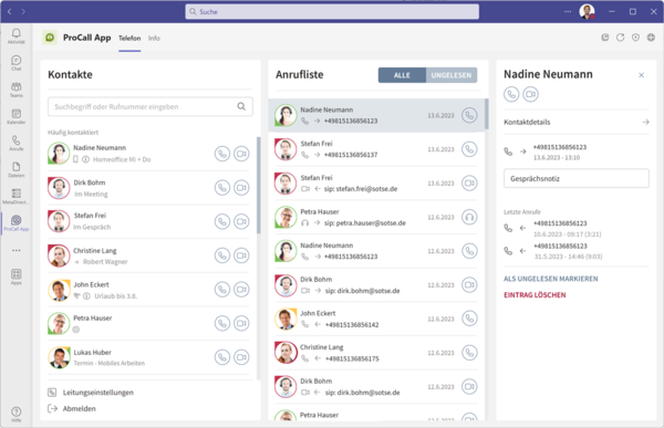 Softwareabbildung ProCall App Anrufliste